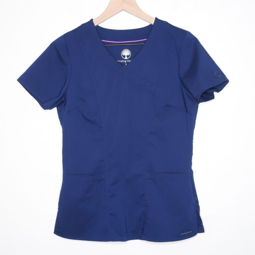 Healing Hands Womens Scrub Top Size Small Navy Blue Medical Nurse Caregiver